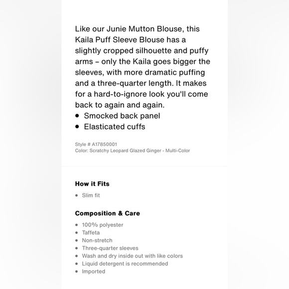 NWT Levi’s Top Womens Kaila Puff Sleeve Animal Print Smocked Taffeta Size Small - Picture 3 of 3